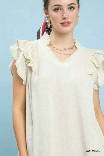 Umgee Linen Flutter Sleeve Shift Dress with Pockets