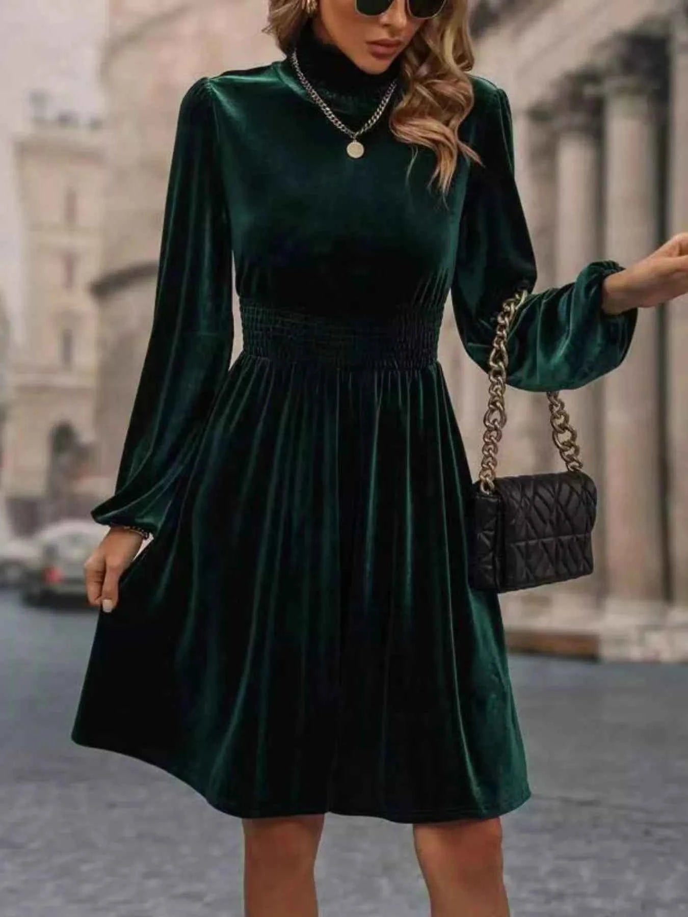 Velvet High Neck Long Sleeve A-Line Dress
