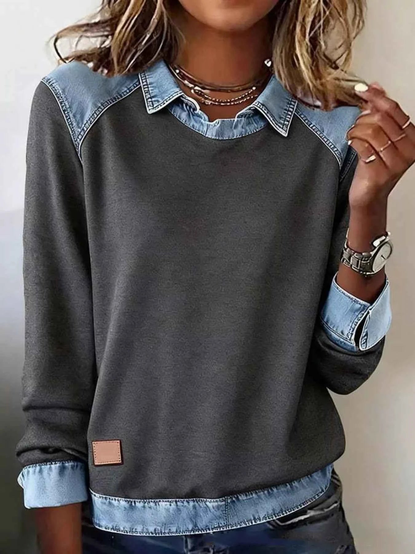 Full Size Denim Trim Long Sleeve Top Plus Size