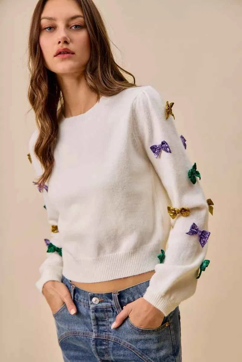 SO ME Mardi Gras Glitter Bow Ribbon Sweater Knit Top