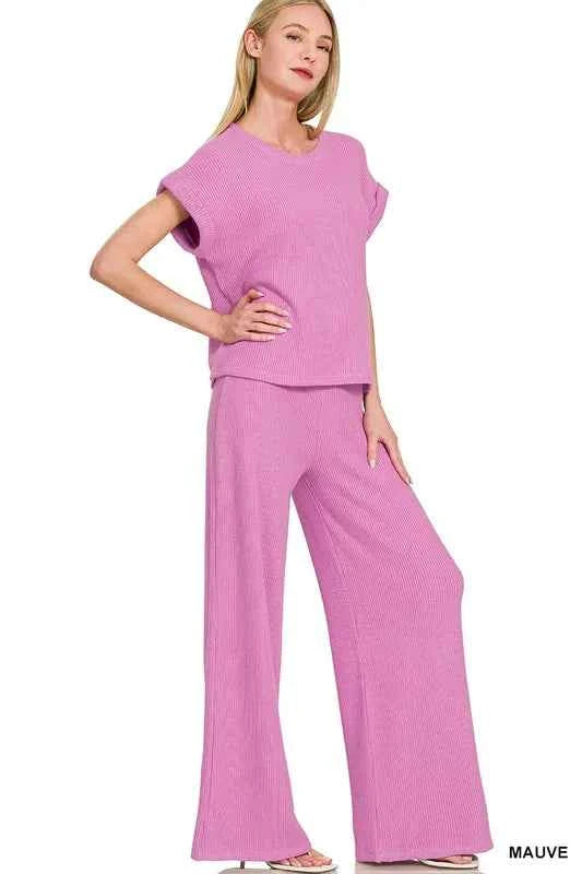 Zenana Rolled Sleeve Top and Pants Sweater Set