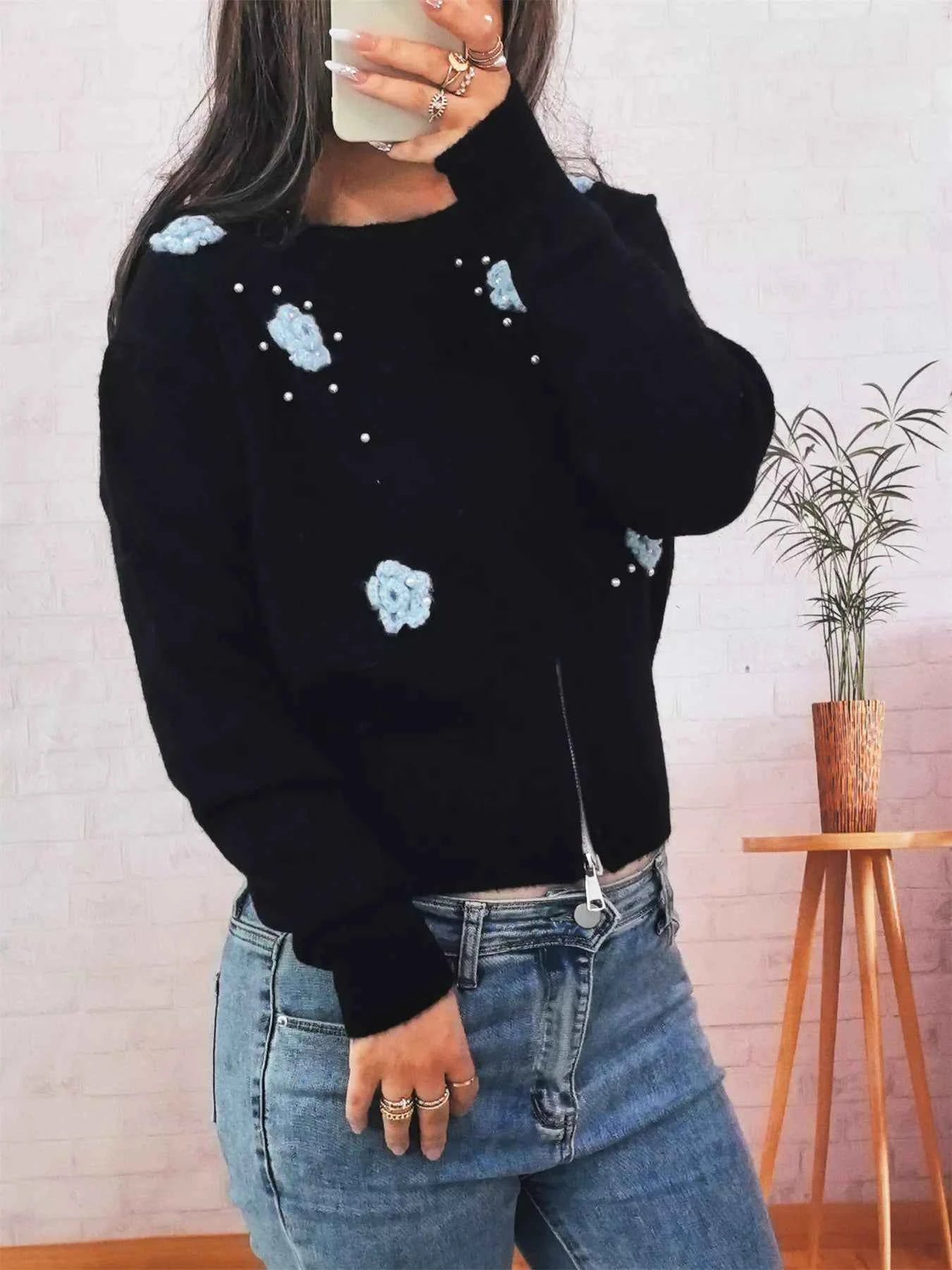 Flower Pearl Detail Ribbed Hem Sweater