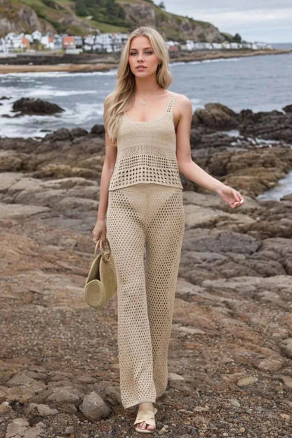 Hollow Out Round Neck Top and Pants Sweater Cover Up Set