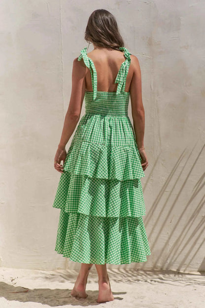 Jade By Jane Full Size Sleeveless Gingham Print Tiered Midi Dress Plus Size