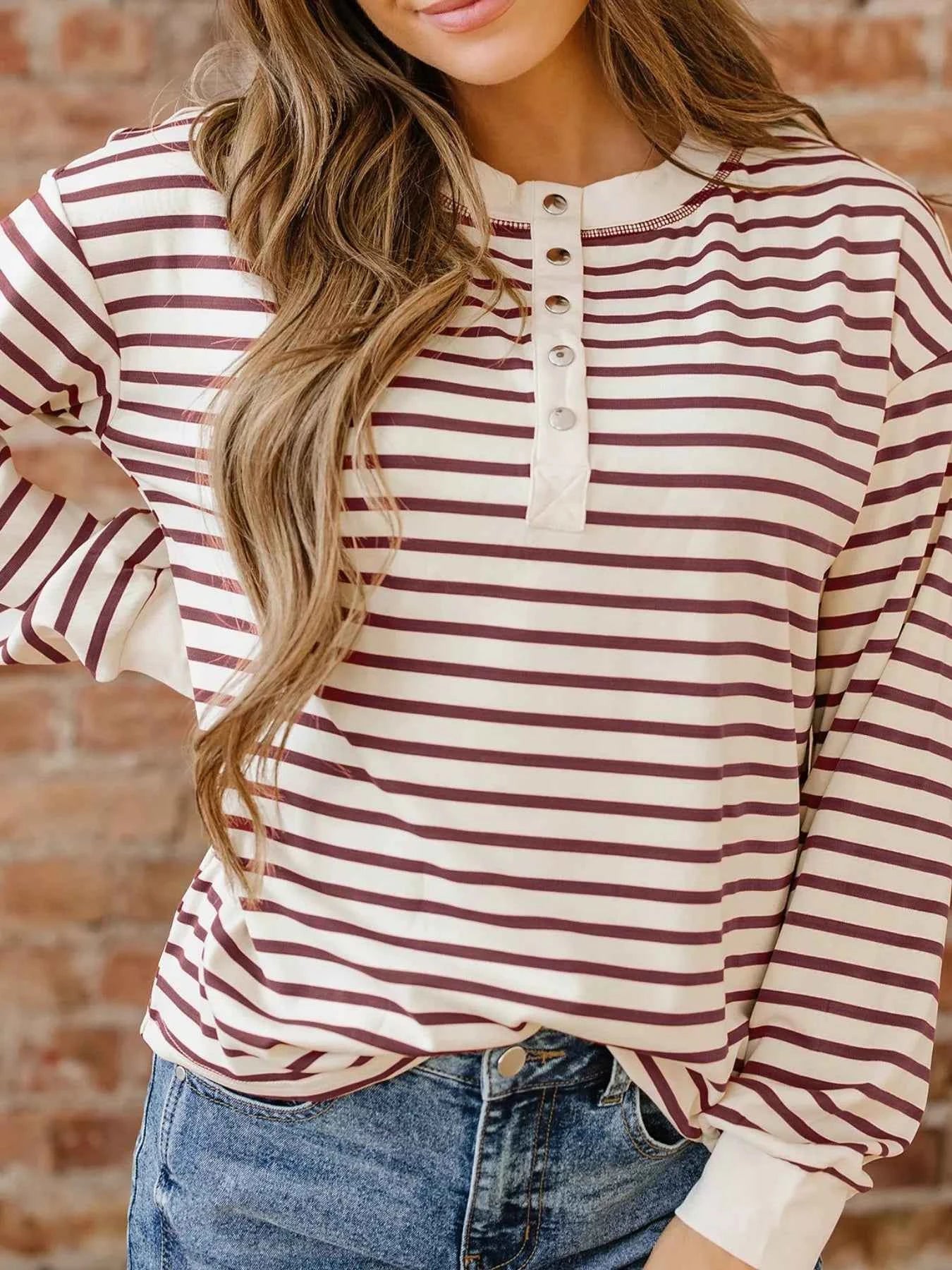 Striped Drop Shoulder Long Sleeve Henley Top