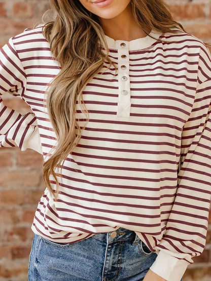 Striped Drop Shoulder Long Sleeve Henley Top