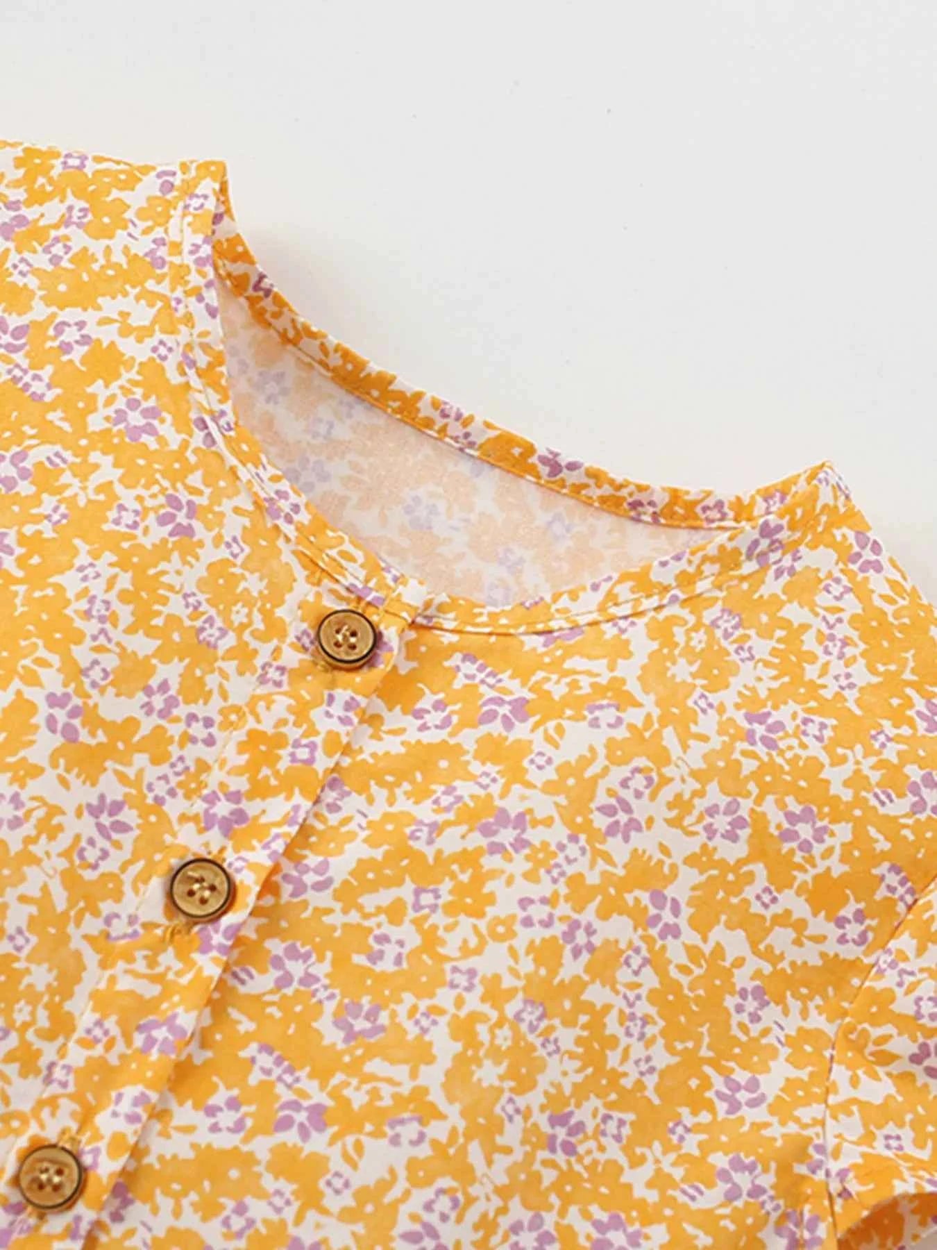 Children's Floral Print Button-Front Flutter Sleeve Dress