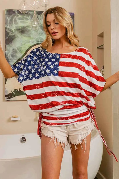 BiBi American Flag Printed Side Ruched Details Knit Top