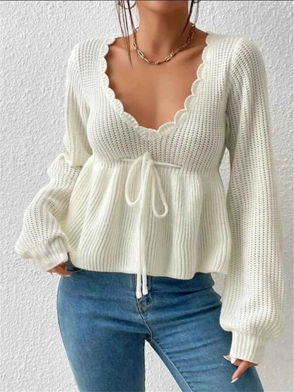 Scalloped V-Neck Drawstring Knit Top