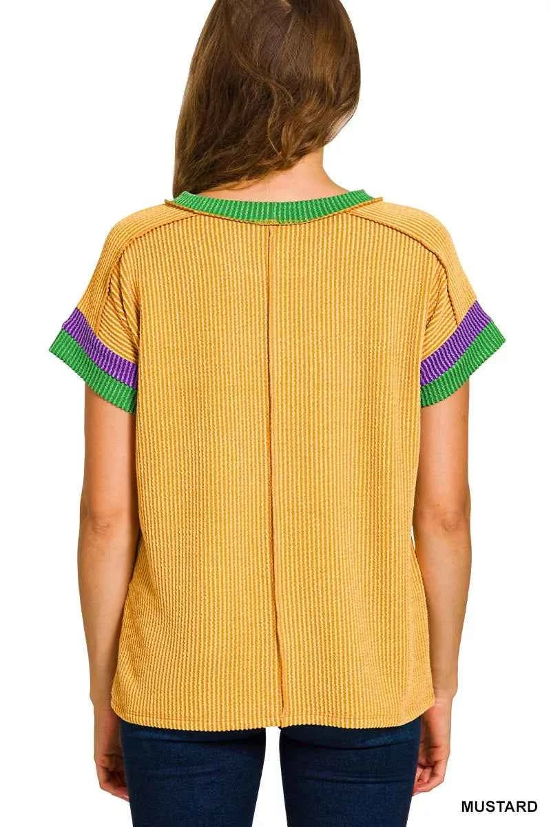 Zenana Mardi Gras Raised Rib Contrast Trim Top