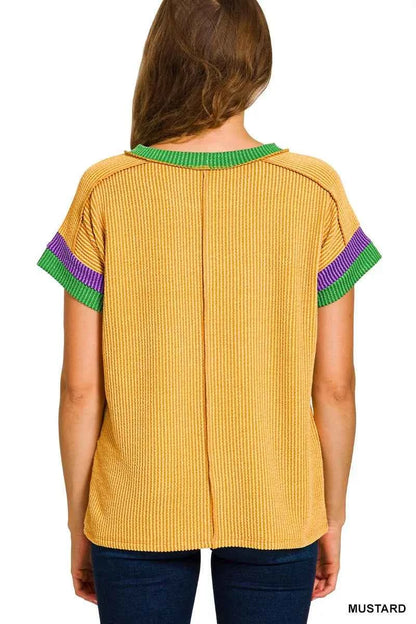 Zenana Mardi Gras Raised Rib Contrast Trim Top