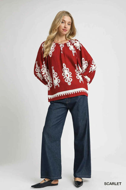 Umgee Two Tone Border Print Top with Balloon Sleeves