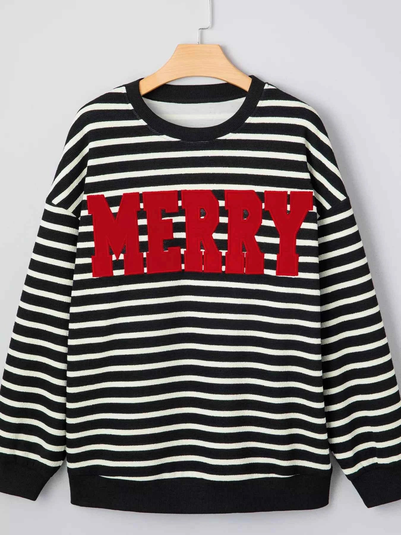 Stripe Contrast MERRY Letter Christmas Print Drop Shoulder Sweatshirt