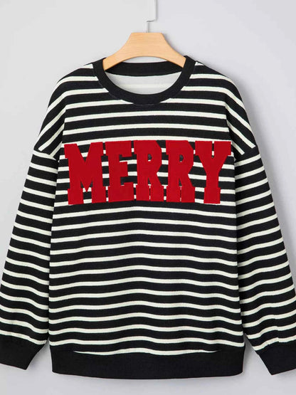 Stripe Contrast MERRY Letter Christmas Print Drop Shoulder Sweatshirt