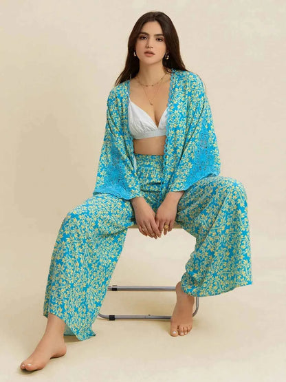 Open Front Printed Top and Pants Set