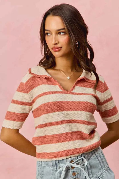 SO ME Stripe Short Sleeve Cropped Sweater