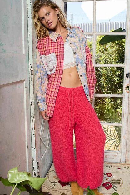 POL Patchwork Plaid Button-Up Shirt with Contrast Pockets