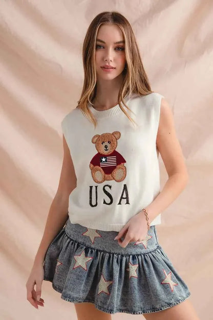 SO ME Teddy Bear Wearing An American Flag With Usa Embroidered Sweater Vest