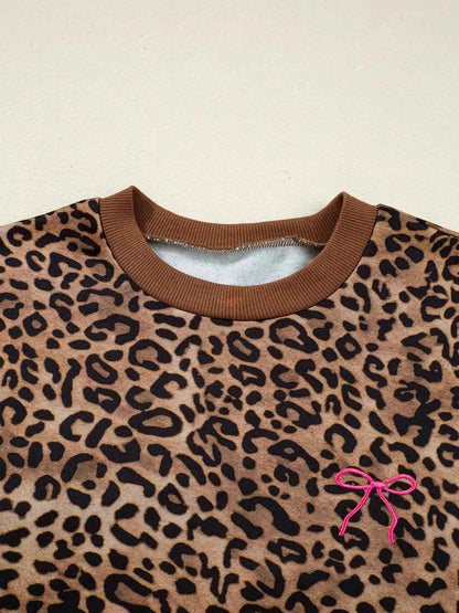 Leopard Print Contrast Trim Long Sleeve Top and Pants Set