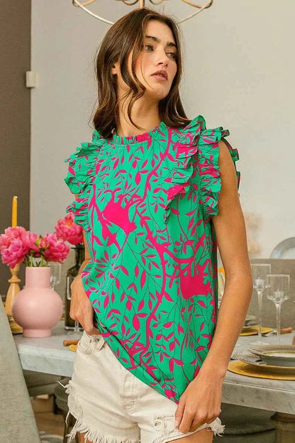 BiBi Leopard Leaves Print Woven Top