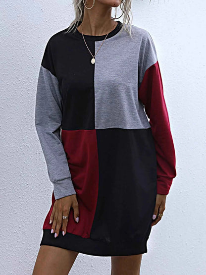 Color Block Casual Long Sleeve Mini Dress