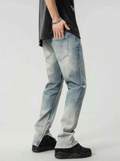 Men's Zip Detail Washed Straight Leg Jeans