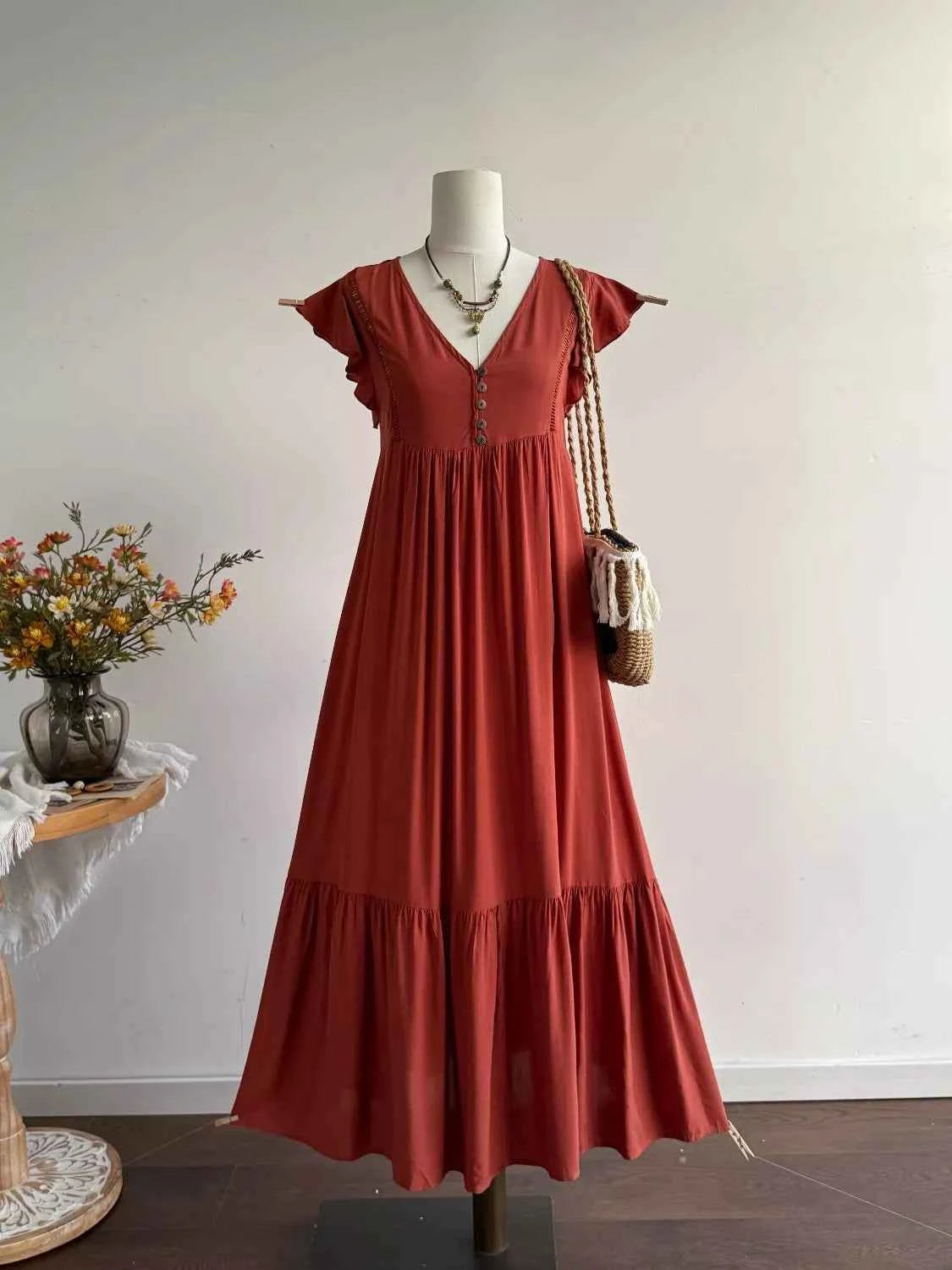 Ruffle Sleeve Maxi Dress with Button Detail