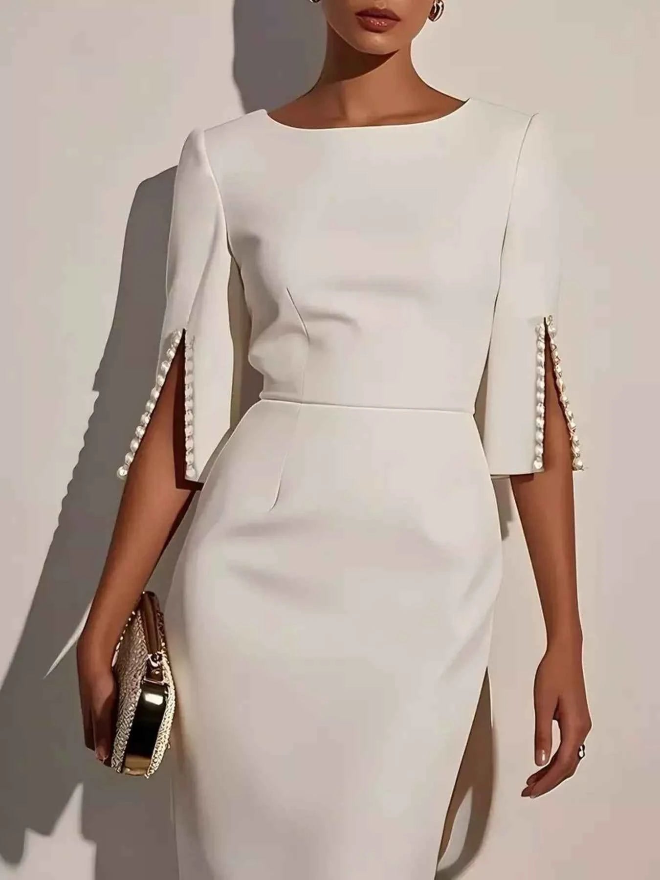 Slim-Fit Elegant Midi Dress with Beaded Slit Sleeve