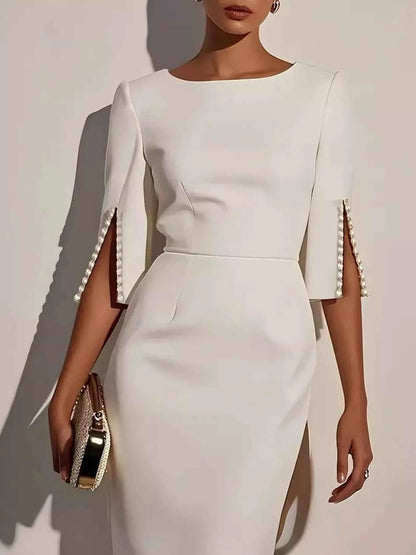 Slim-Fit Elegant Midi Dress with Beaded Slit Sleeve