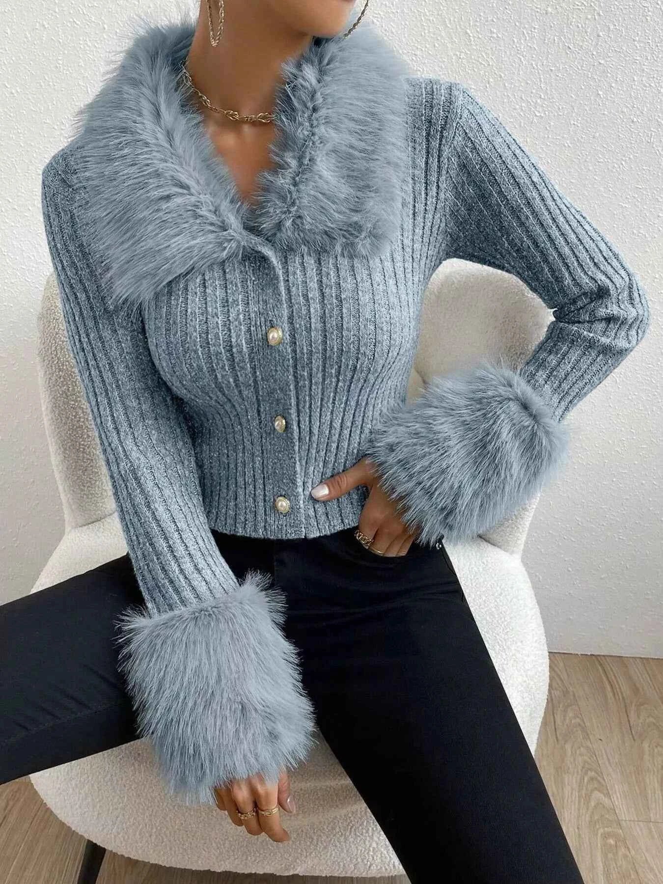 Faux Fur Trim Ribbed Knit Cropped Cardigan