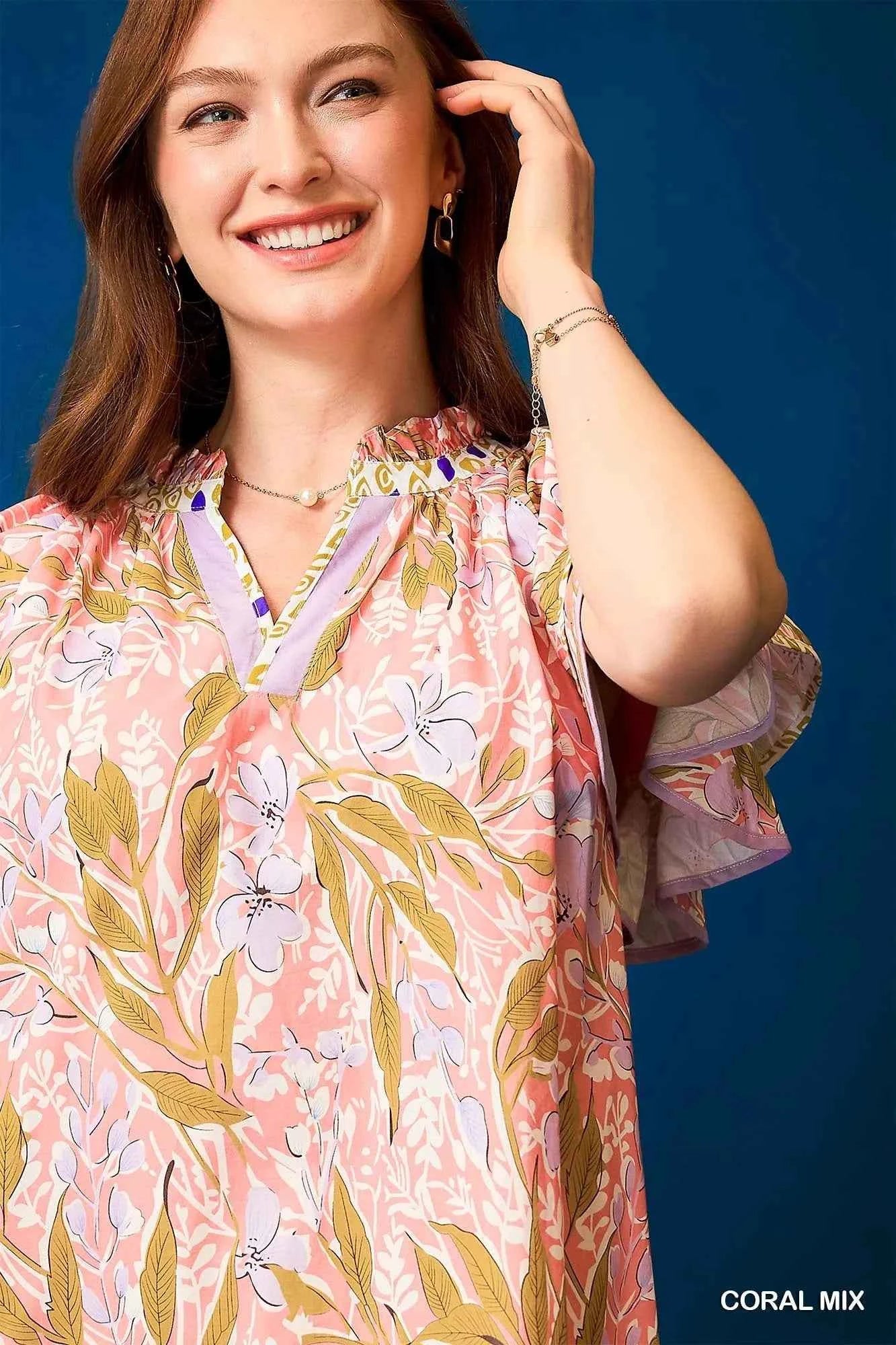 Umgee Floral Ruffle-Sleeve Tunic Dress