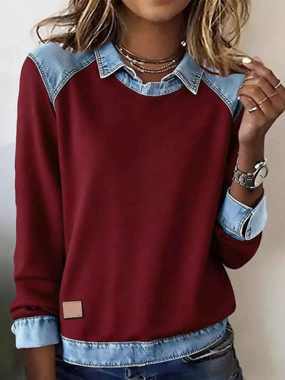 Full Size Denim Trim Long Sleeve Top Plus Size