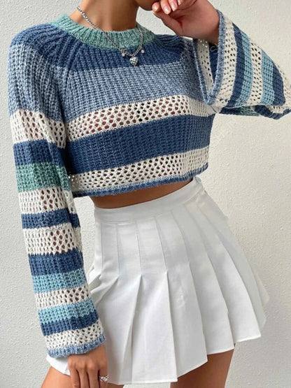 Openwork Striped Color Block Crop Sweater