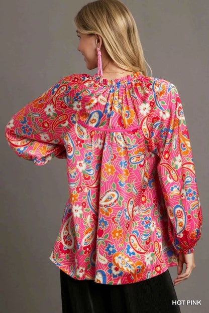 Umgee Full Size Satin Paisley Ruffle Neck Button-Up Shirt Plus Size