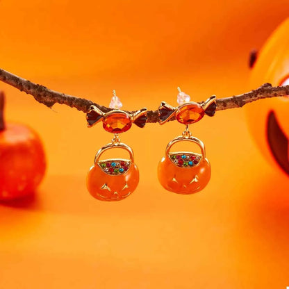 Halloween Rhinestone Pumpkin Dangle Earrings