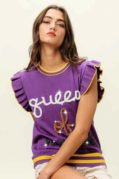 BiBi Queen Of Mardi Ruffled Armhole Sleeveless Knit Top