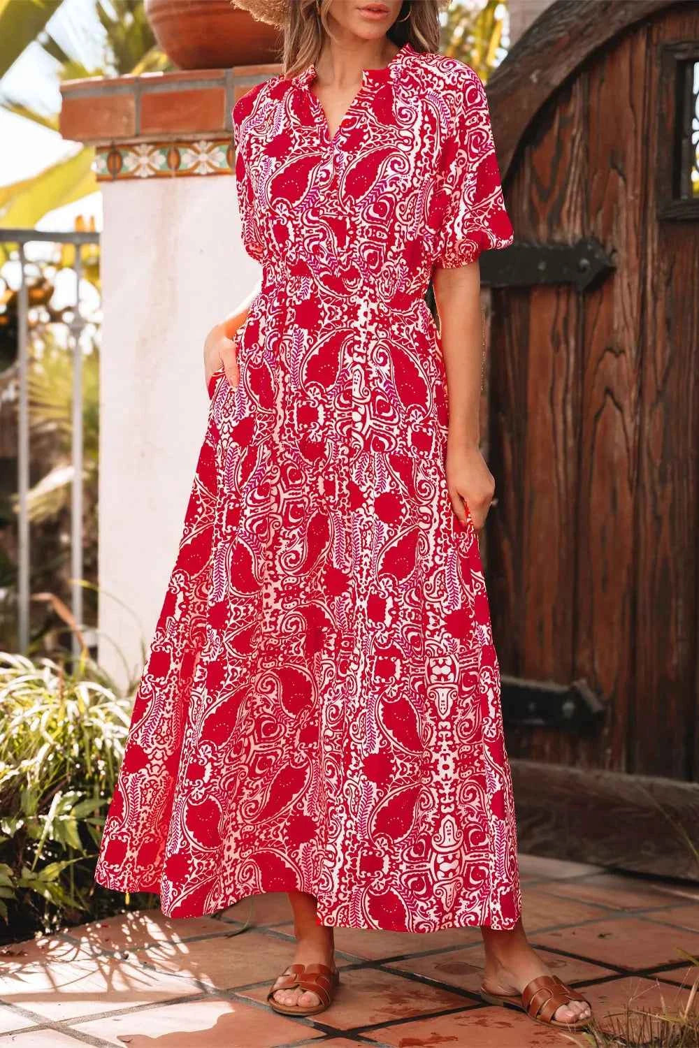 Paisley Print Side Slit Puff Sleeve High Waist Maxi Dress