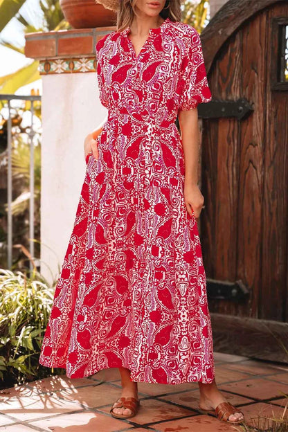 Paisley Print Side Slit Puff Sleeve High Waist Maxi Dress