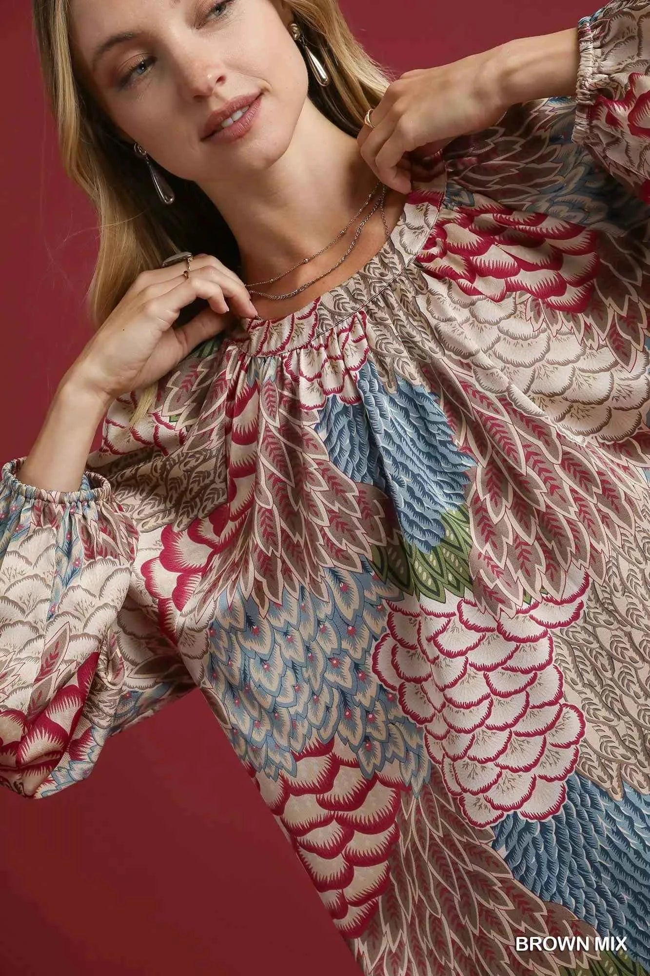 Umgee Boho Feather Print Peasant Blouse