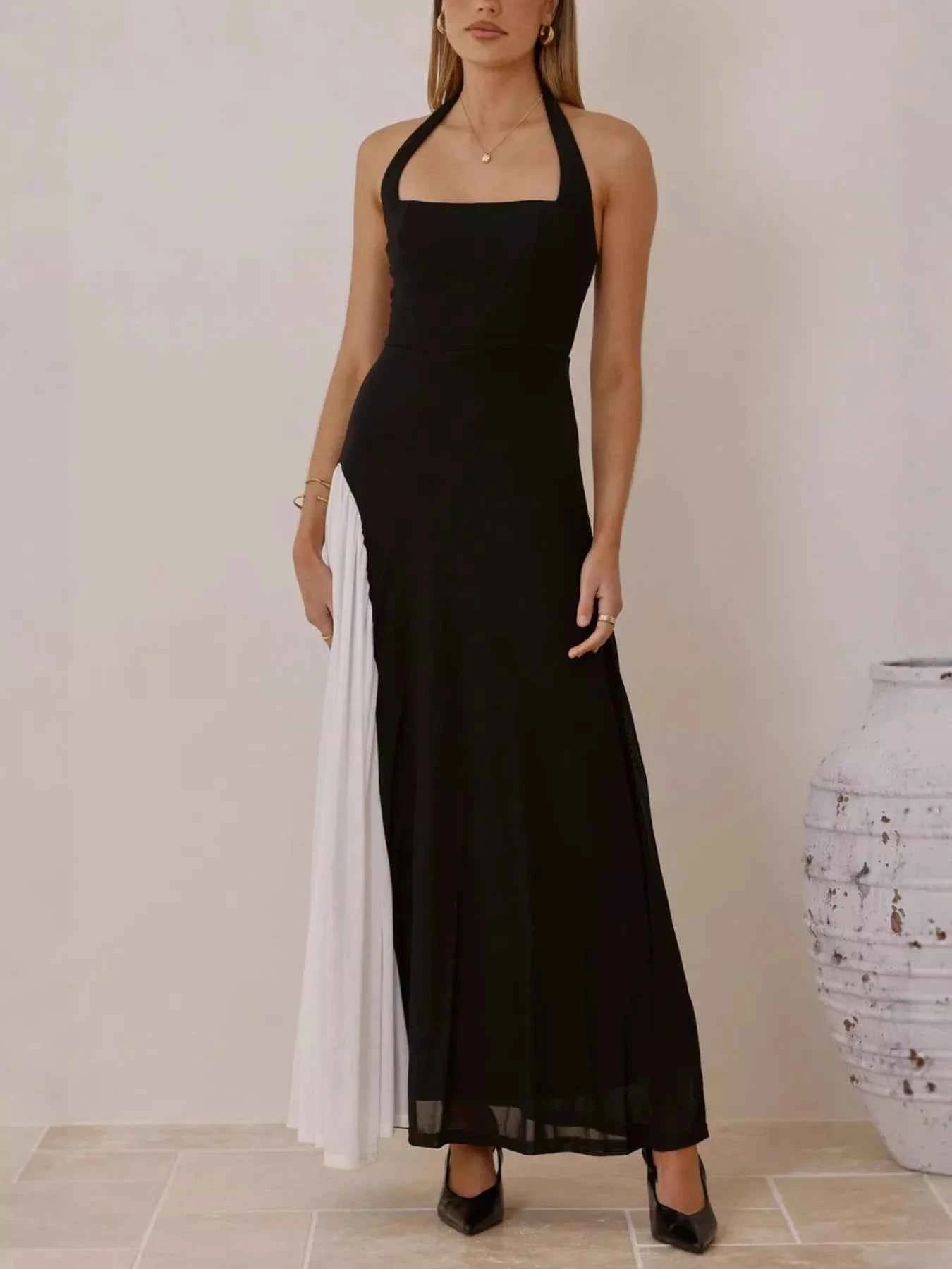 Contrast Halter Neck Maxi Dress