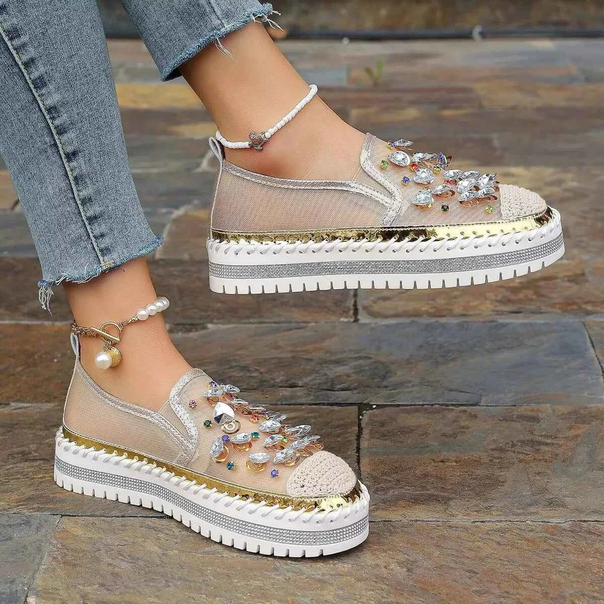 Rhinestone Decor Platform Loafers