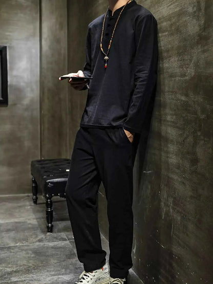 Men's Plus Size Button Detail Long Sleeve Top and Pants Set