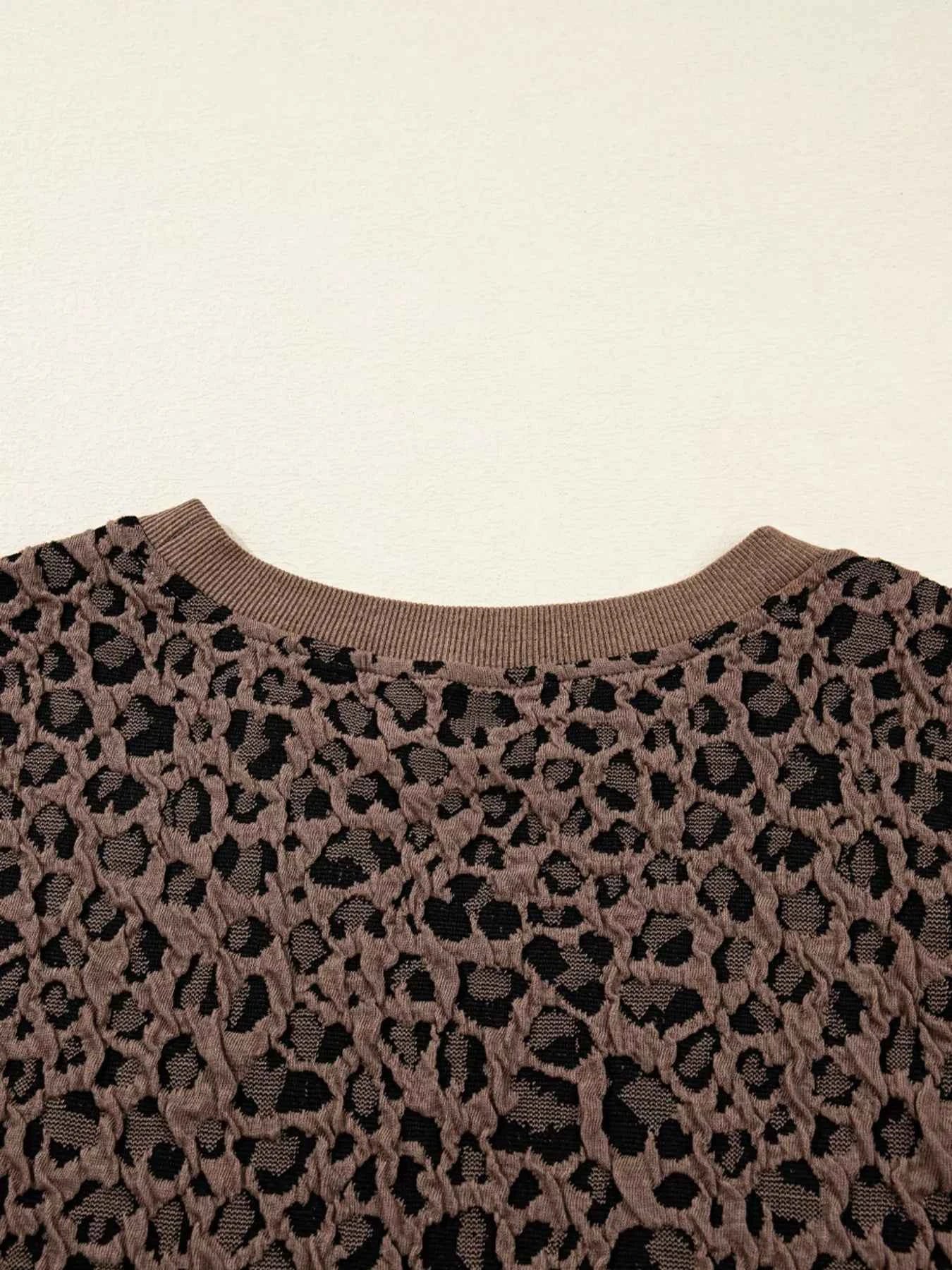 Ribbed Trim Leopard Print Long Sleeve Top