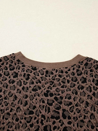 Ribbed Trim Leopard Print Long Sleeve Top