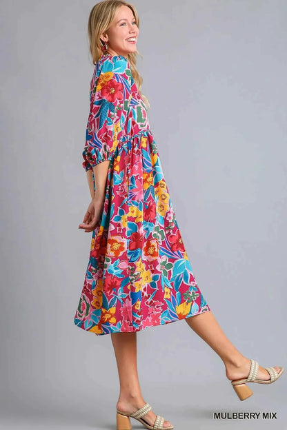 Umgee Full Size Floral Print Tie Neck Midi Dress with Pockets Plus Size