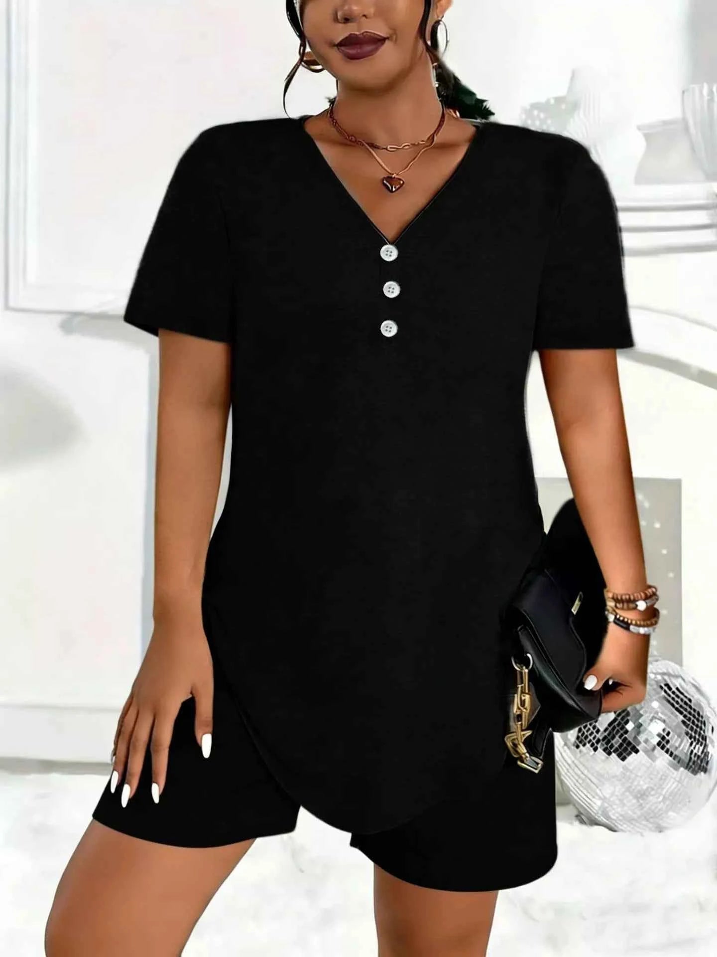 Plus Size V-Neck Short Sleeve Tee and Shorts Set