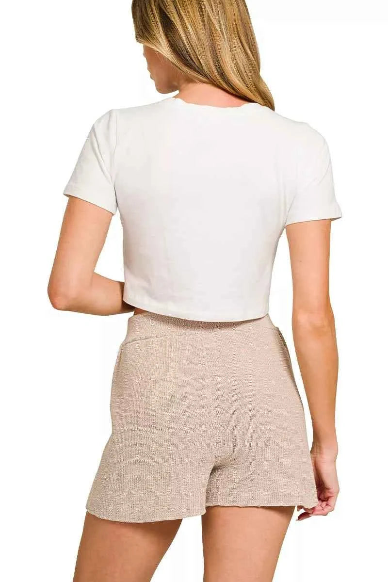 Zenana Round Neck Knit Top and Shorts Sweater Set
