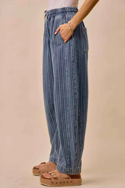 SO ME Stripe Denim Barrel Jeans Drawstring Waistband