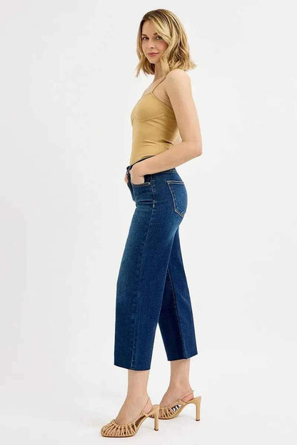 RISEN Full Size Tummy Control High Rise Crop Wide Jeans Plus Size