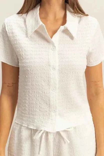 HYFVE Textured Short Sleeve Top and Drawstring Shorts Knit Set